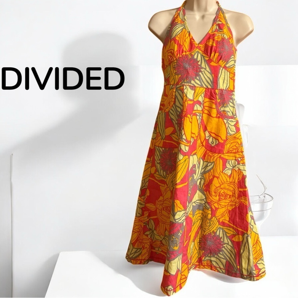 H&M Divided Sleeveless Halter Maxi Dress Tropical Floral Bright A Line Zip Side